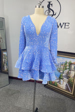 Ball Gown V-neck Sequins Long Sleeves Blue Short/Mini Homecoming Dresses LSWHC135622