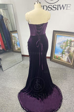 Grape Column Satin V-neck Beading Sleeveless Brush Train Evening Dress/Prom Dresses LSWPD677189