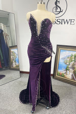 Grape Column Satin V-neck Beading Sleeveless Brush Train Evening Dress/Prom Dresses LSWPD677189