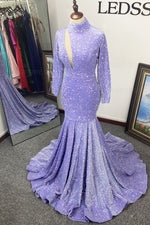 Long Sleeves Mermaid High Neck Sequins Lilac Sweep/Brush Train Prom Dresses LSWPD135669