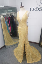 Column Lace V-neck Sleeveless Champagne Brush Train Evening Dress/Prom Dresses LSWPD135619