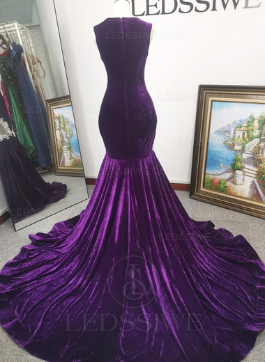 Mermaid/Trumpet Velvet Sheer Neck Sleeveless Beading Purple Brush Train Prom Dresses LSWPD135622