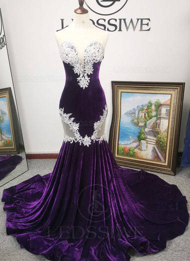 Mermaid/Trumpet Velvet Sheer Neck Sleeveless Beading Purple Brush Train Prom Dresses LSWPD135622