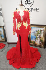 Satin Red Column V-neck Long Sleeves Appliques Brush Train Evening Dress/Prom Dresses LSWPD135623