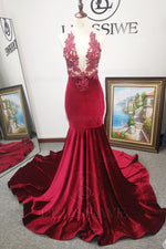 Burgundy Mermaid Satin Appliques V-neck Sleeveless Sweep/Brush Train Prom Dresses LSWPD135624