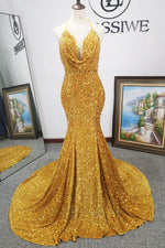 Gold Sequins Mermnaid Halter Sleeveless Backless Sweep/Brush Train Prom Dresses LSWPD135625
