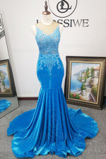 Blue Crew Neck Velvet Appliques Mermaid/Trumpet Sleeveless Brush Train Prom Dresses LSWPD135628