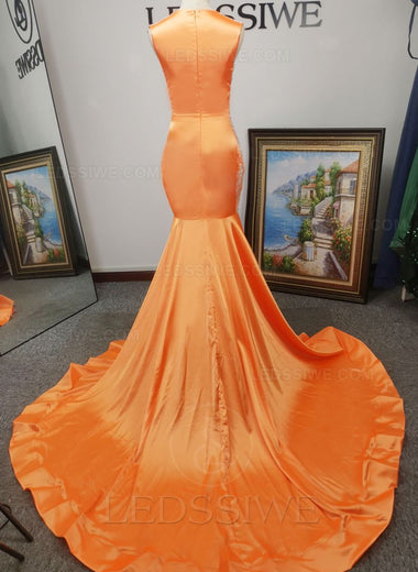 Appliques Mermaid Orange Satin Sheer Neck Sleeveless Sweep/Brush Train Prom Dresses LSWPD135629