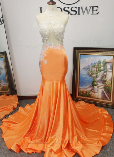 Appliques Mermaid Orange Satin Sheer Neck Sleeveless Sweep/Brush Train Prom Dresses LSWPD135629