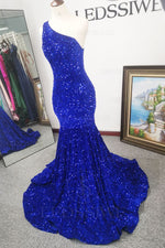 Mermaid/Trumpet One Shoulder Sequins Royal Blue Sleeeless Brush Train Prom Dresses LSWPD135630