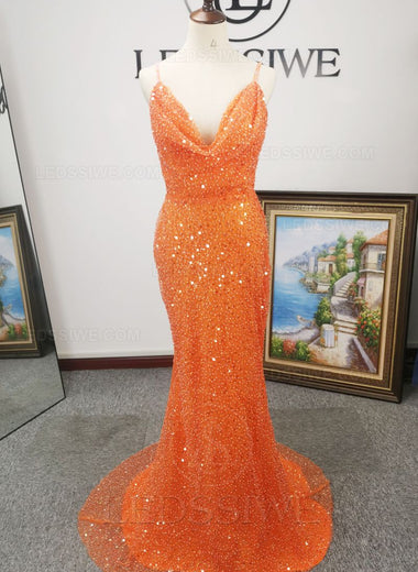 Sheath/Column V-neck Sequins Sleeveless Orange Sweep/Brush Train Prom Dresses LSWPD135631