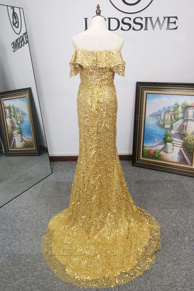 Gold Sequins Sheath/Column Off the Shoulder Split Front Brush Train Prom Dresses LSWPD135632