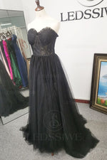 A-Line/Princess Sweetheart Black Tulle Sleeveless Lace Brush Train Prom Dresses LSWPD135632