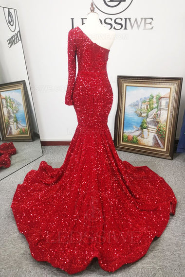 Long Sleeves One Shoulder Mermaid Red Sequins Sweep/Brush Train Prom Dresses LSWPD135633