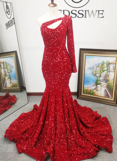 Long Sleeves One Shoulder Mermaid Red Sequins Sweep/Brush Train Prom Dresses LSWPD135633