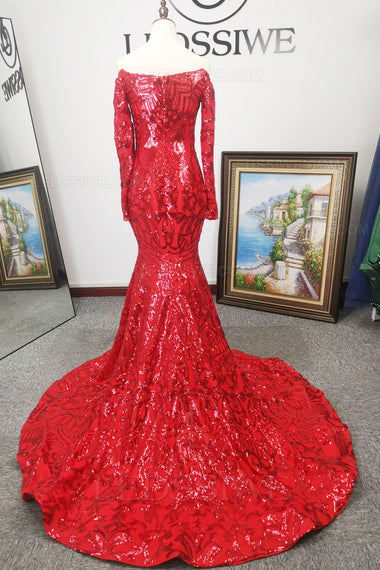 Off the Shoulder Lace Mermaid/Trumpet Long Sleeves Red Brush Train Prom Dresses LSWPD135635