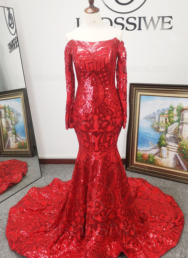Off the Shoulder Lace Mermaid/Trumpet Long Sleeves Red Brush Train Prom Dresses LSWPD135635