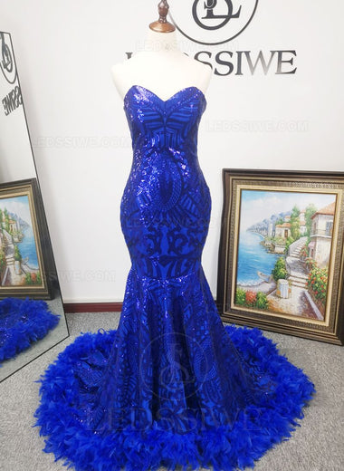 Royal Blue Lace Mermaid/Trumpet Sleeveless Sweetheart Brush Tran Prom Dresses LSWPD135638