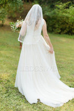 2023 Applique A-Line/Princess V-neck Tulle Sleeveless Sweep/Brush Train Wedding Dresses LSWD309315