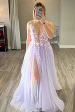 Lavender A-Line/Princess Appliques V-neck Tulle Sleeveless Brush Train Prom Dresses LSW525560