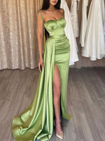 Column Green Sweetheart Silk like Satin Sleeveless Sweep/Brush Train Prom Dresses LSW625561