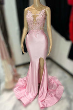 Pink Sheath/Column Satin Sheer Neck Sleeveless Appliques Brush Train Prom Dresses LSW225817