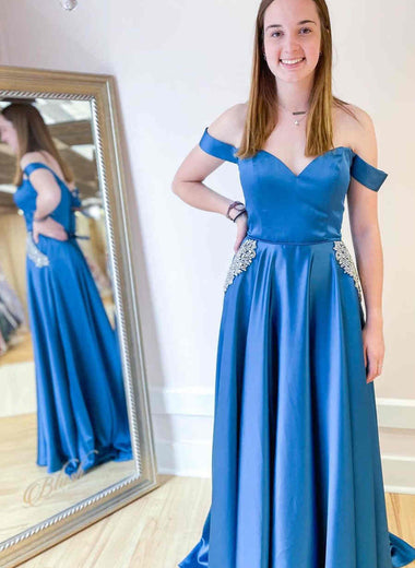 A-Line Appliques Off the Shoulder Royal Blue Sleeveless Satin Brush Train Prom Dresses LSW125306