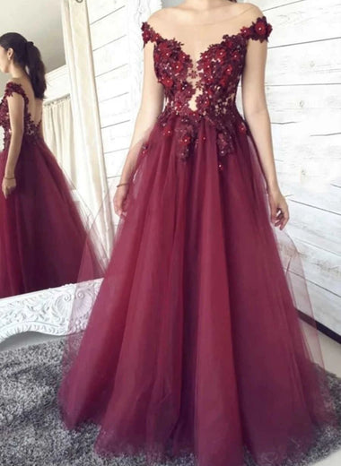 A-Line Appliques Off the Shoulder Burgundy Tulle Sleeveless Brush Train Prom Dresses LSW325818