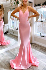Pink Sheath/Column V-neck Satin Sleeveless Sweep/Brush Train Prom Dresses LSW26075
