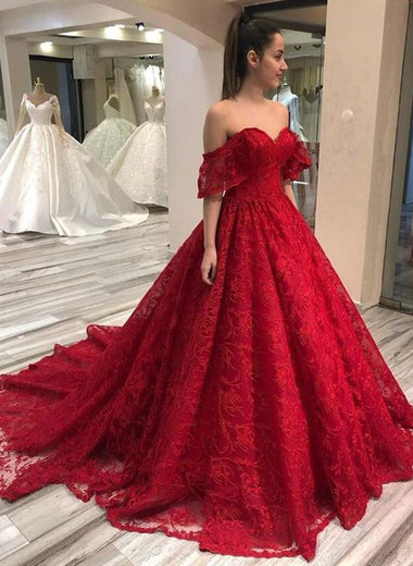 Ball Gown Red Off the Shoulder Lace Sleeveless Sweep/Brush Train Prom Dresses LSW325308