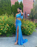 Blue Sheath/Column Sequins One Shoulder Feathers Sleeveless Brush Train Prom Dresses LSW525820