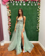 Sage A-Line/Princess Appliques V-neck Tulle Sleeveless Brush Train Prom Dresses LSW425309