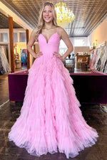 V-neck A-Line/Princess Pink Tulle Sleeveless Layers Sweep/Brush Train Prom Dresses LSW825823