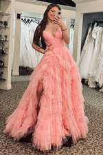 V-neck A-Line/Princess Pink Tulle Sleeveless Layers Sweep/Brush Train Prom Dresses LSW825823