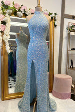 Halter Royal Blue Sheath/Column Sequins Sleeveless Sweep/Brush Train Prom Dresses LSW725312