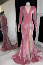 V-neck Long Sleeves Beading Velvet Sheath/Column Pink Sweep/Brush Train Prom Dresses LSW325568