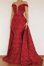 Lace Off the Shoulder Sheath/Column Red Sleeveless Sweep/Brush Train Prom Dresses LSW425569
