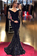 Mermaid Sequins Black Off the Shoulder Long Sleeves Appliques Brush Train Prom Dresses LSW626081