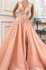 Appliques A-Line/Princess V-neck Tulle Sleeveless Pink Sweep/Brush Train Prom Dresses LSW525570