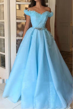 Blue Ball Gown Off the Shoulder Belt Tulle Sleeveless Sweep/Brush Train Prom Dresses LSW25315