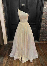 One Shoulder Champagne A-Line/Princess Sequins Sleeveless Brush Train Prom Dresses LSW725572