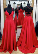 A-Line/Princess Satin V-neck Red Sleeveless Sweep/Brush Train Prom Dresses LSW26085