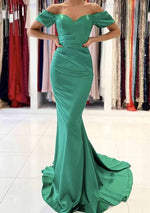 Satin Emerald Column Off the Shoulder Sleeveless Sweep/Brush Train Prom Dresses LSW925574