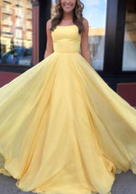 Chiffon Light Yellow Ball Gown Spaghetti Straps Sleeveless Brush Train Prom Dresses LSW126086