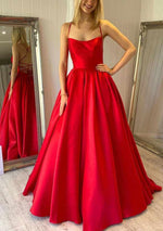 Ball Gown Spaghetti Straps Red Satin Sleeveless Sweep/Brush Train Prom Dresses LSW625831