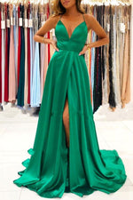 A-Line/Princes Silk like Satin Emerald V-neck Sleeveless Brush Train Prom Dresses LSW725832