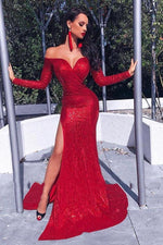 Long Sleeves Off the Shoulder Column Sequins Red Brush Train Prom Dresses LSW325578