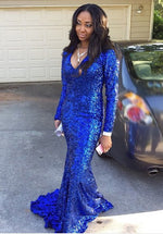 Mermaid Long Sleeves Sequins V-neck Royal Blue Sweep/Brush Train Prom Dresses LSW525580