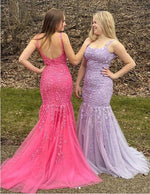 Column Lavender Tulle Appliques Spaghetti Straps Sleeveless Brush Train Prom Dresses LSW25325