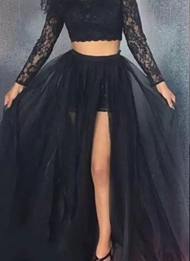 Black A-Line Cowl Neck Lace Tulle Long Sleeves Brush Train Two Pieces Prom Dresses LSW225837